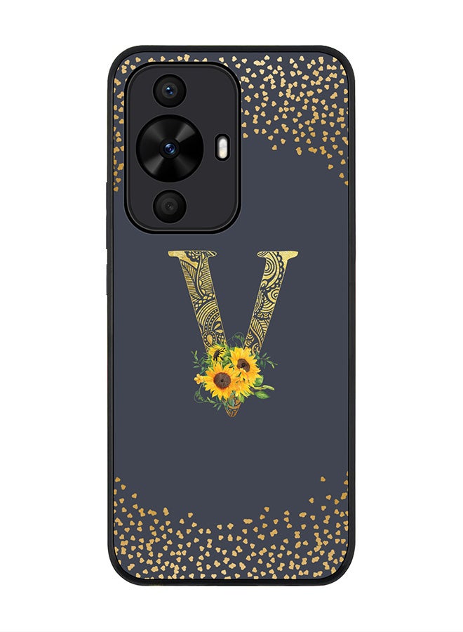 Stylizedd Rugged Black edge case for Huawei nova 12s / Huawei nova 11/ Huawei nova 12 Lite 4G,Custom Monogram Initial Letter Floral Pattern Alphabet - V (Grey) - Image 1
