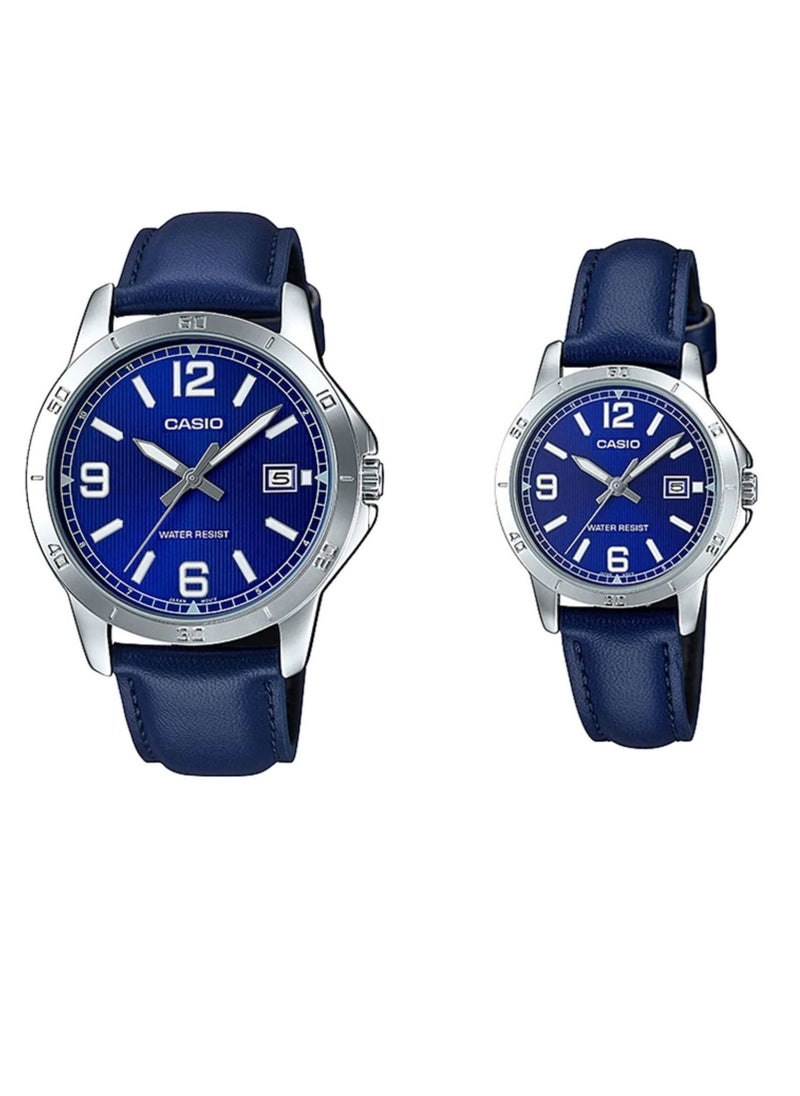 CASIO طقم ساعات كاسيو انالوج بسوار من الجلد باللون الأزرق MTP/LTP-V004L-2BUDF  - Image 1