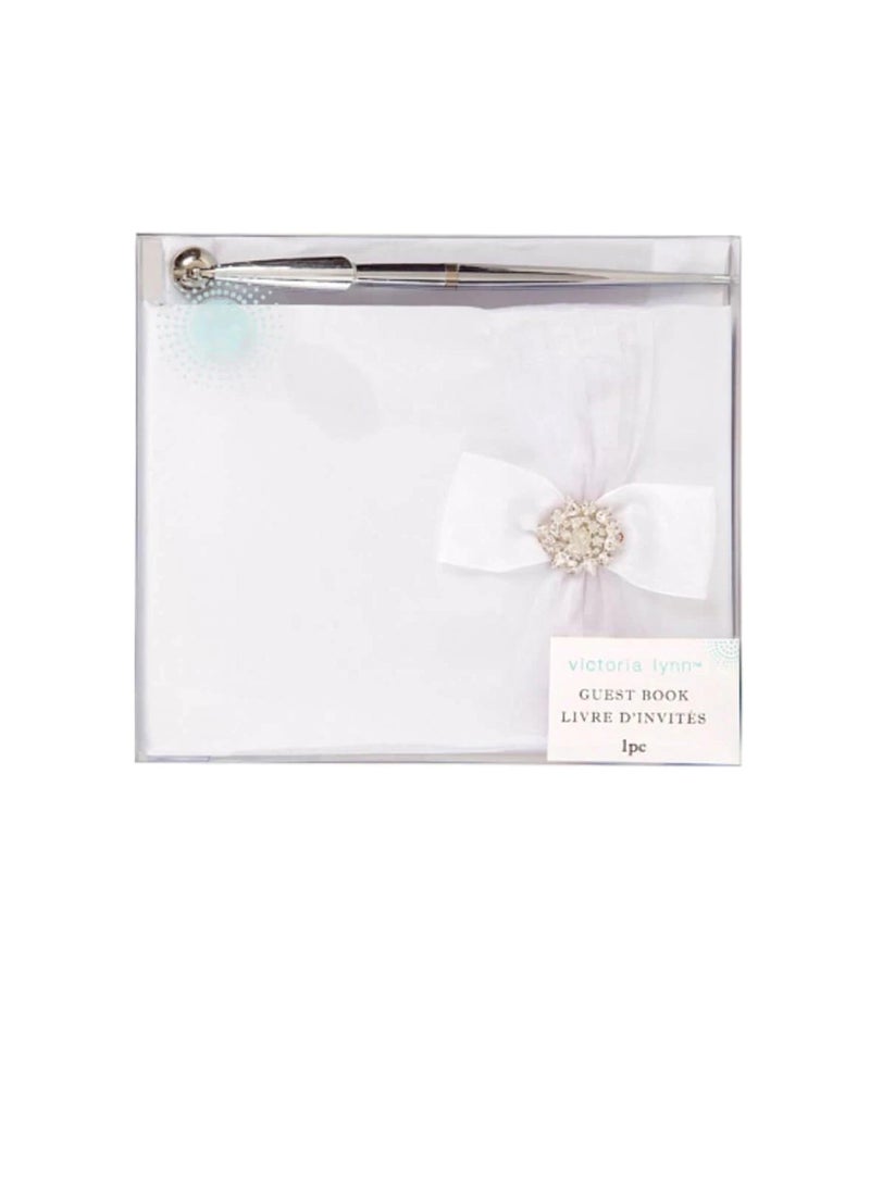 Wedding Guest Book Set: White Book w/Accent Bow and Pen - Image 1