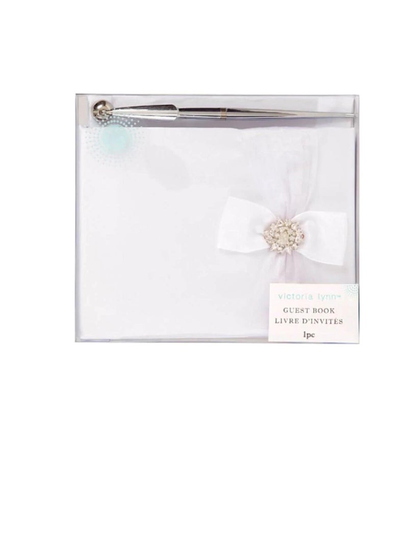 Wedding Guest Book Set: White Book w/Accent Bow and Pen - Image 2