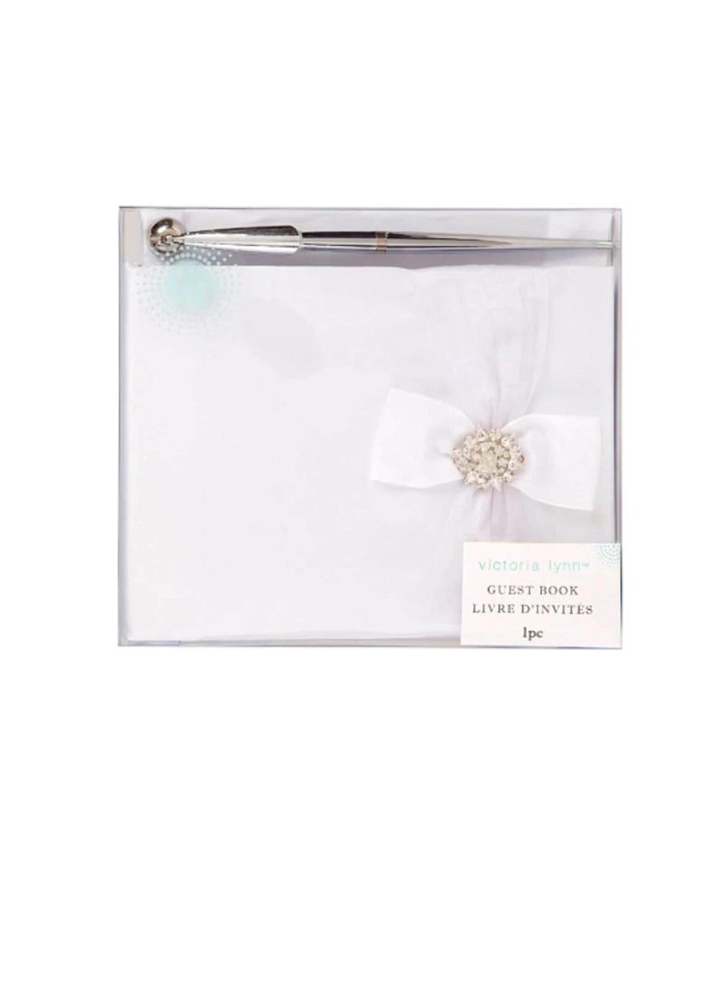 Wedding Guest Book Set: White Book w/Accent Bow and Pen - Image 3