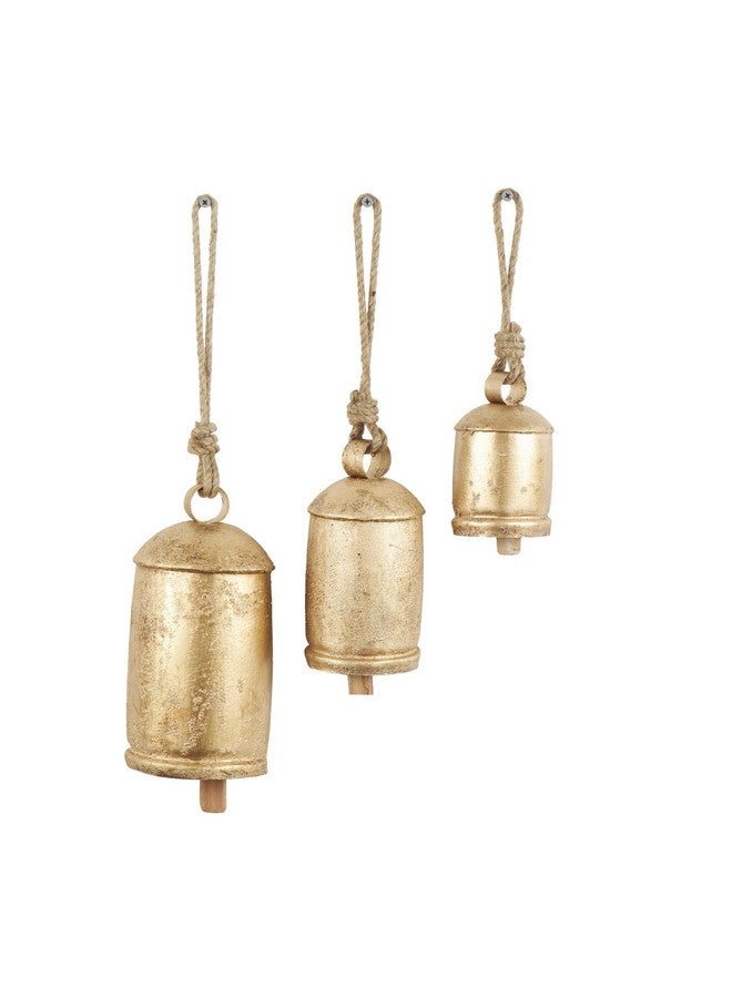 ديكو 79 أجراس بقرة معدنية مزخرفة من ديكو 79 مستوحاة من التبت مع حبل معلق من الجوت، مجموعة من 3 قطع، 10 بوصات، 8 بوصات، 6 بوصات، ذهبي - Image 1