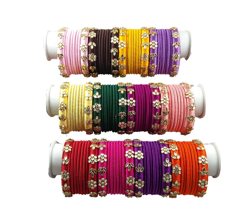 Yaalz Silk Thread Return Gift Bangles - Set Of 12 Sets - Kundan Bangles for Kids, Girls and Women for Festival, Traditional, Birthday, Pooja Office-casual wear in Multiple Colors In 2.08 Size - Image 3