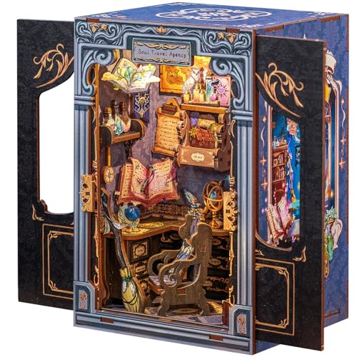 CUTEBEE Book Nook Kit DIY Miniature House Dollhouse Kit for Adults and Teens Booknook Tiny House Bookshelf Decor 3D Wooden Puzzle Gifts for Family Friends Soul Travel Agency - Image 1