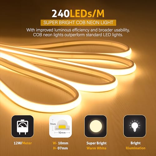 Forus 5 Meter LED Neon Strip Light, 10mm Warm White Waterproof Flexible 5M COB Neon Rope Light, Cuttable LED Strip for Indoor Outdoor Wall Decor, Home, Shop, Party & Festival Lighting 1-Yr Warranty - Image 3