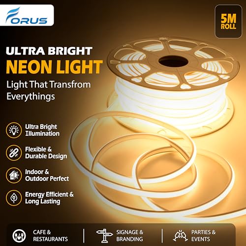 Forus 5 Meter LED Neon Strip Light, 10mm Warm White Waterproof Flexible 5M COB Neon Rope Light, Cuttable LED Strip for Indoor Outdoor Wall Decor, Home, Shop, Party & Festival Lighting 1-Yr Warranty - Image 2