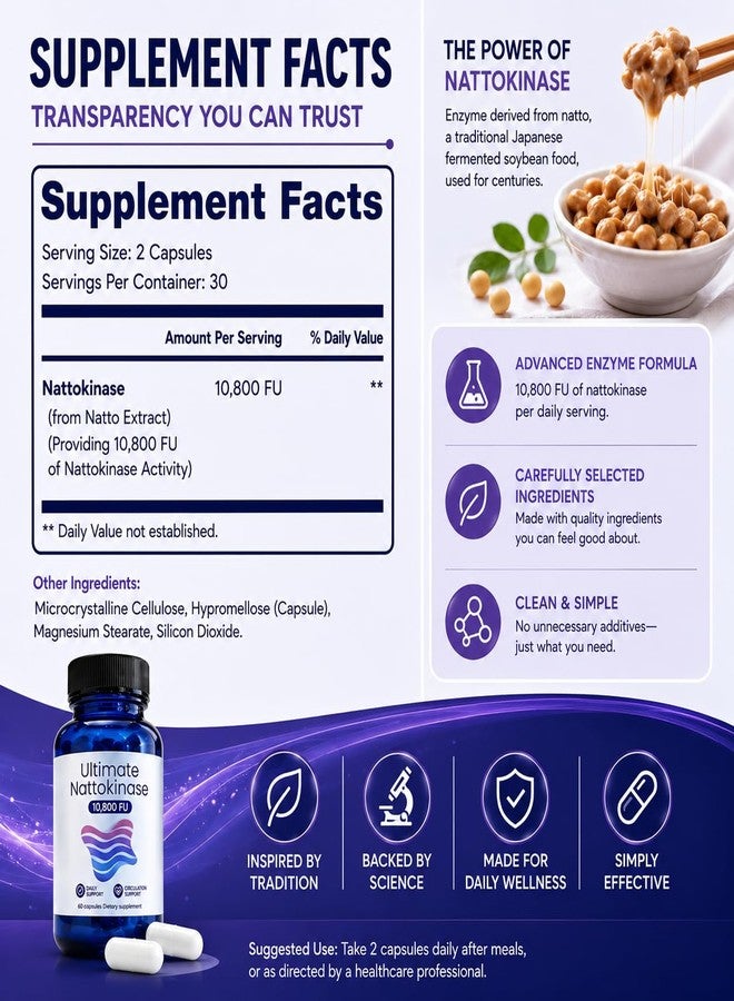 Ultimate Nattokinase Supplement with 10,800 FU，Ultimate Nattokinase Supplement Organic,Odorless Fermented Soy Enzyme, Vegan, Gluten Free, Easy Daily Routine, 60 Capsules-1PCS - Image 4
