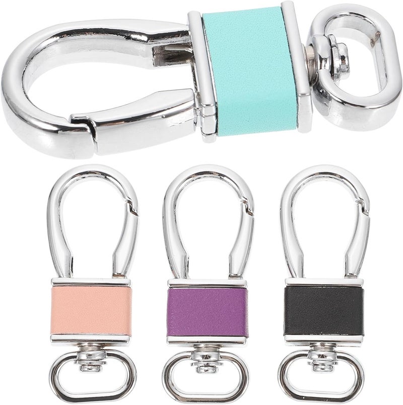 Leather Keychain Set 4pcs with Chrome Carabiner Clips, Macaron Colors Pink Black Blue Purple, Metal Key Rings for Car, Bag, and Waist Hook Accessories - Image 1