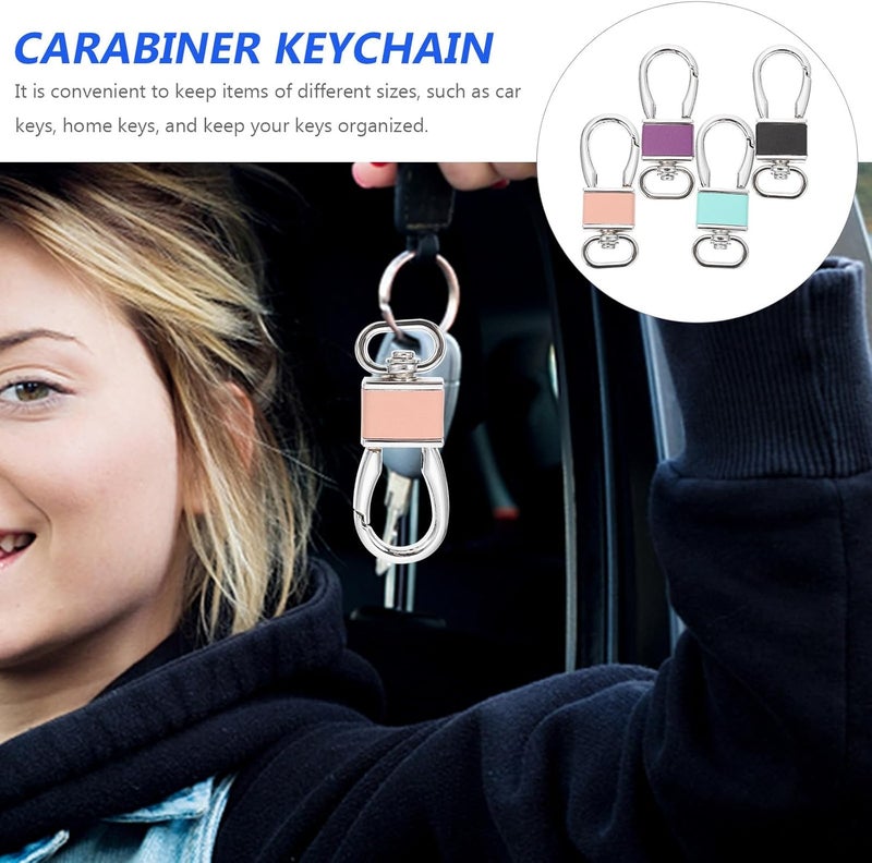 Leather Keychain Set 4pcs with Chrome Carabiner Clips, Macaron Colors Pink Black Blue Purple, Metal Key Rings for Car, Bag, and Waist Hook Accessories - Image 3
