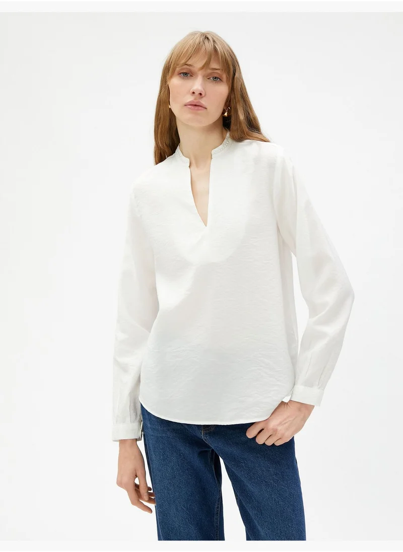 KOTON Pearl Detail Mandarin Neck Blouse