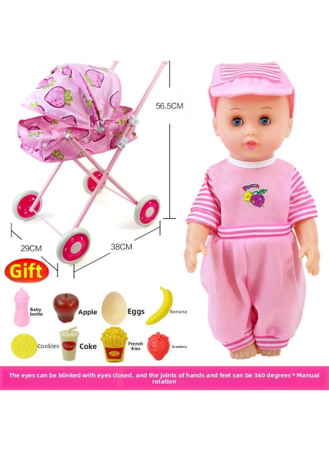 A12 Children's Trolley Play Home Girls Toy Baby Girls Shopping Cart Trolley With Doll 34-5 Years Old-Color:Big Wheel Strawberry Car + Pink Hat Baby + 8 Gifts  - Image 1