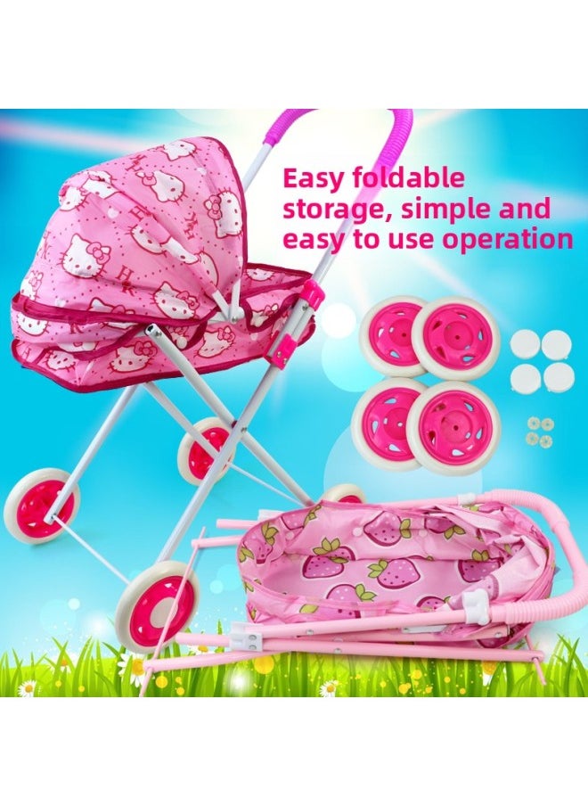 A12 Children's Trolley Play Home Girls Toy Baby Girls Shopping Cart Trolley With Doll 34-5 Years Old-Color:Big Wheel Strawberry Car + Pink Hat Baby + 8 Gifts  - Image 2