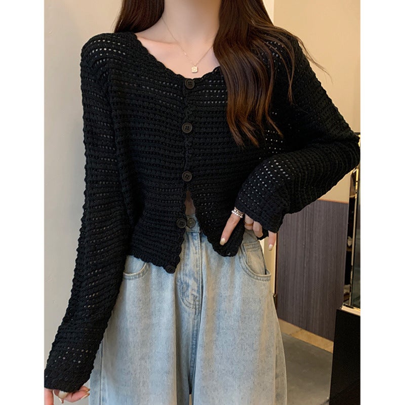 European Tweed Style Cut Out V Neck Long-Sleeved Knitted Cardigan for Women 2024 Early Autumn New Versatile Thin Jacket Top Camel color  - Image 3
