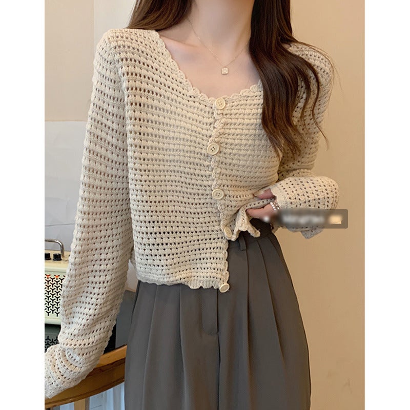 European Tweed Style Cut Out V Neck Long-Sleeved Knitted Cardigan for Women 2024 Early Autumn New Versatile Thin Jacket Top Camel color  - Image 1
