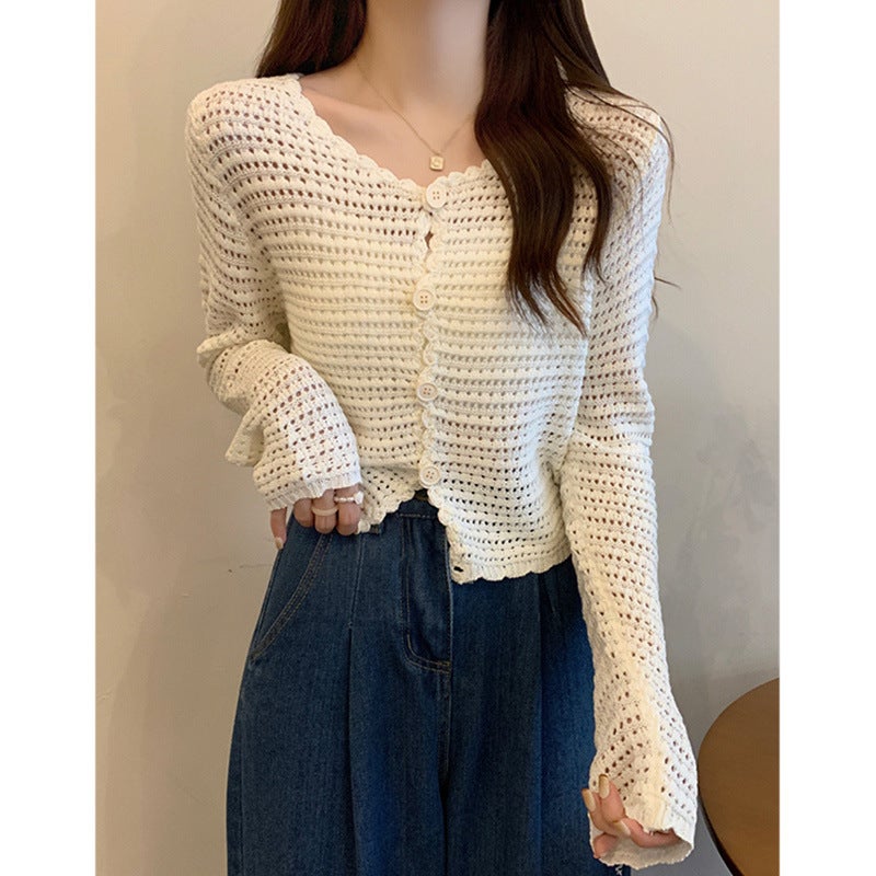 European Tweed Style Cut Out V Neck Long-Sleeved Knitted Cardigan for Women 2024 Early Autumn New Versatile Thin Jacket Top Camel color  - Image 2