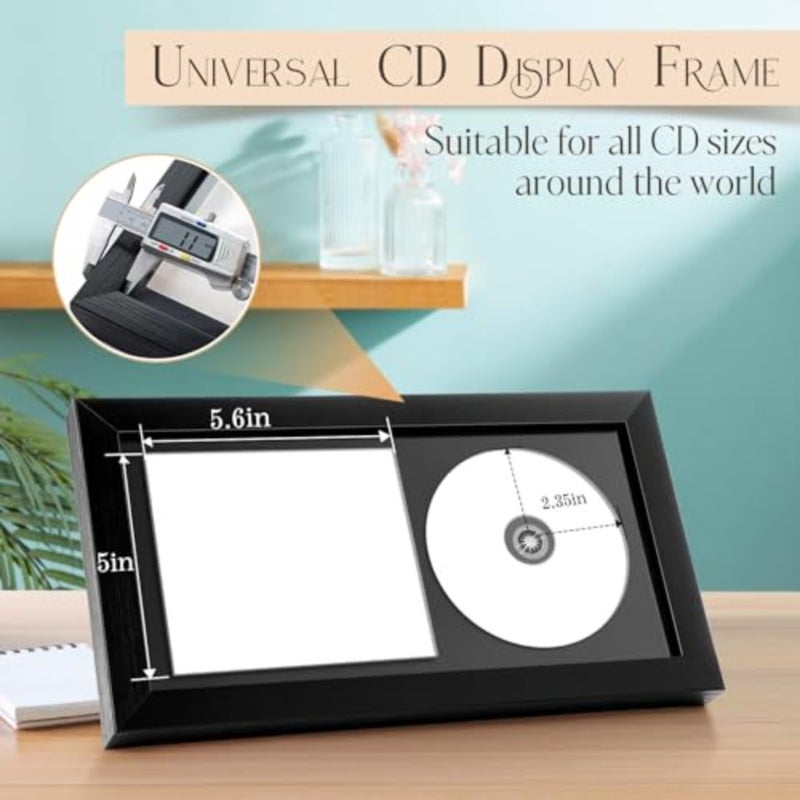 CD Frame Display Case 2 Pcs, Shatter-Resistant Glass Record Album Frame 13.7 x 7.5 Inch, Double Groove with Wall Hanger, Imitation Wood Polystyrene Black Home Decor for Wall or Table - Image 2