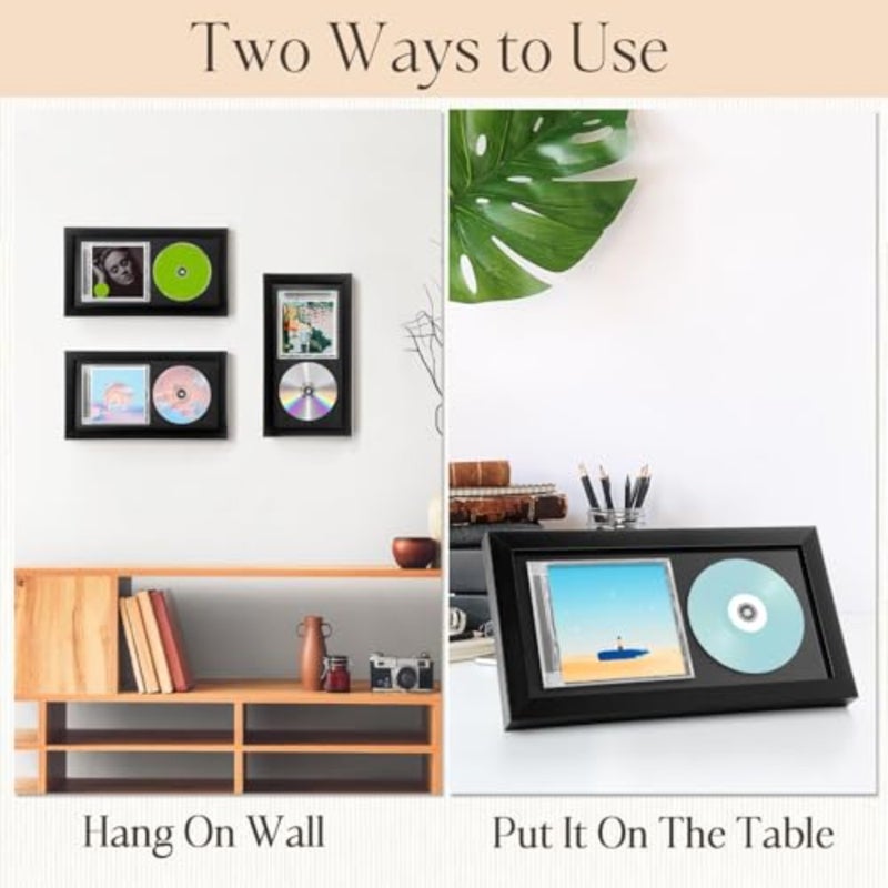 CD Frame Display Case 2 Pcs, Shatter-Resistant Glass Record Album Frame 13.7 x 7.5 Inch, Double Groove with Wall Hanger, Imitation Wood Polystyrene Black Home Decor for Wall or Table - Image 4