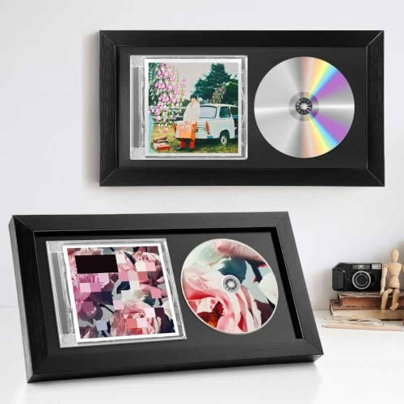 CD Frame Display Case 2 Pcs, Shatter-Resistant Glass Record Album Frame 13.7 x 7.5 Inch, Double Groove with Wall Hanger, Imitation Wood Polystyrene Black Home Decor for Wall or Table - Image 1