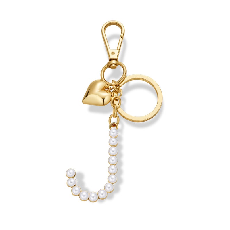 FAUTHENTICUTE Initial Letter J Keychains For Women Gold Keyrings With Gold Heart And Pearl Alphabet Cute Bag Charms For Handbag Purse Accessories Gift - Image 1