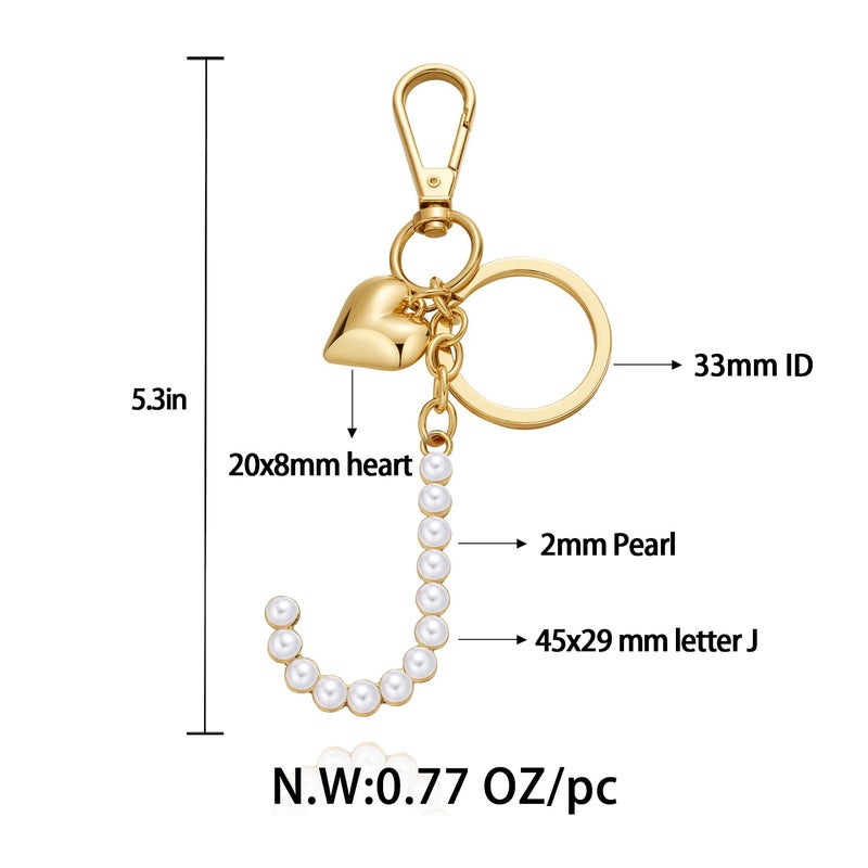 FAUTHENTICUTE Initial Letter J Keychains For Women Gold Keyrings With Gold Heart And Pearl Alphabet Cute Bag Charms For Handbag Purse Accessories Gift - Image 4