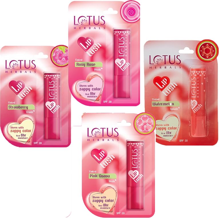 LOTUS HERBALS Lotus Herbals Lip Lush Tinted Lip Balm Set Pink Guava Rush Rosy Rose Blush Strawberry Crush Watermelon Splash 