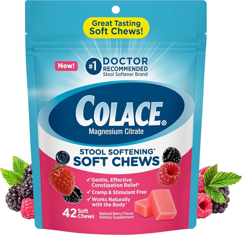 COLACE كولاك ملين البراز مضغ لطيف تخفيف الإمساك برعاية الأطباء رقم 1 العلامة التجارية لملين البراز 42 مضغ بنكهة التوت المختلط - Image 1