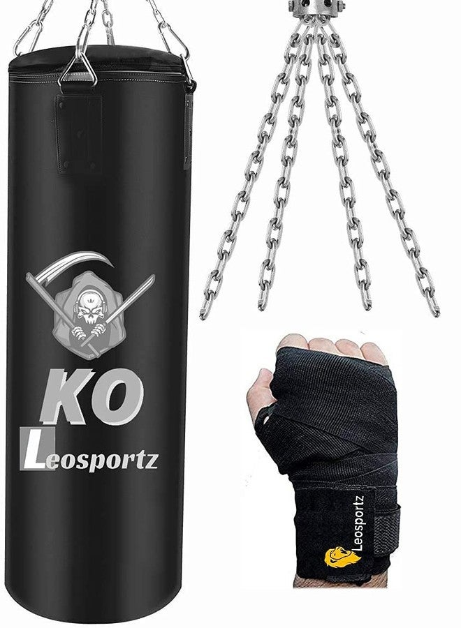 Leosportz Punching Bag Set with Boxing Wraps - Heavy Punching Bags for Boxing, Judo, Kickboxing | Boxing Bag Made of PU for Men (Black PU Unfilled, 4.00) - Image 2