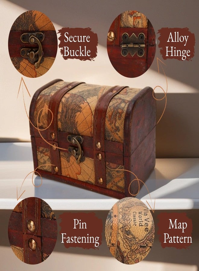 DAUERHAFT Treasure Chest, Wooden Vintage Style Boxes with Map Pattern, Handmade Jewelry Storage Case, Decoration Wood Organizer for Home Office Jewelry Ornaments Gifts - Image 5