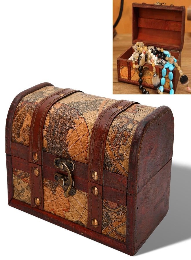 DAUERHAFT Treasure Chest, Wooden Vintage Style Boxes with Map Pattern, Handmade Jewelry Storage Case, Decoration Wood Organizer for Home Office Jewelry Ornaments Gifts - Image 1