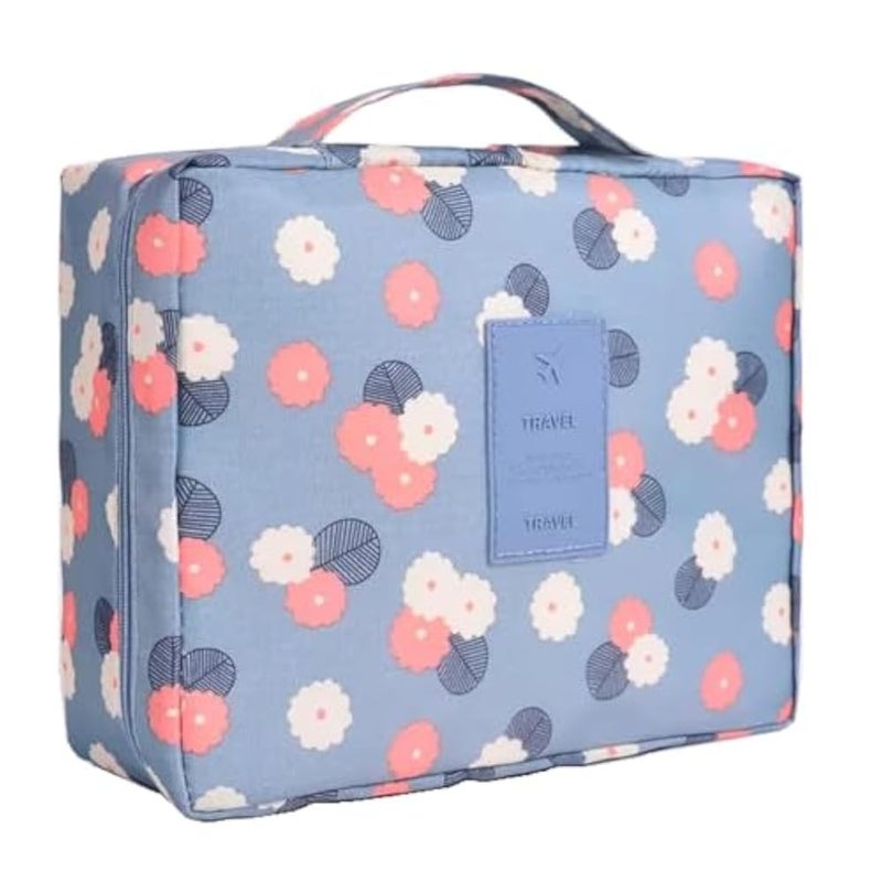 ERHETUS Multipurpose Travel Cosmetic Makeup Pouch | Multi Pockets Toiletry Bags & Travelling Pouches for Girls | Inner Ware Storage Organizer & Wash Bag for Women - Blue Flower (Size: 21x16x08 cm) - Image 1
