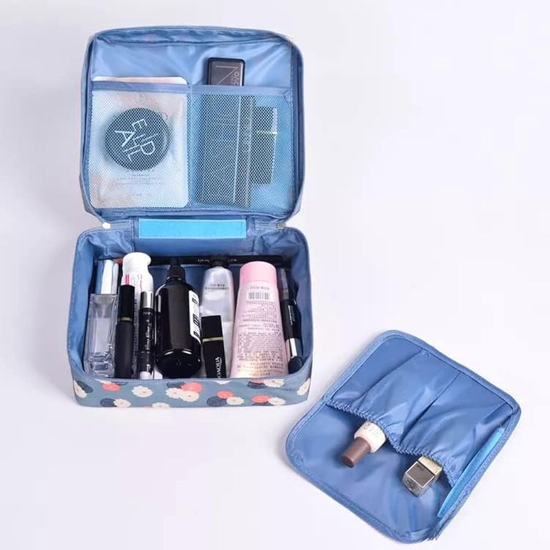 ERHETUS Multipurpose Travel Cosmetic Makeup Pouch | Multi Pockets Toiletry Bags & Travelling Pouches for Girls | Inner Ware Storage Organizer & Wash Bag for Women - Blue Flower (Size: 21x16x08 cm) - Image 3