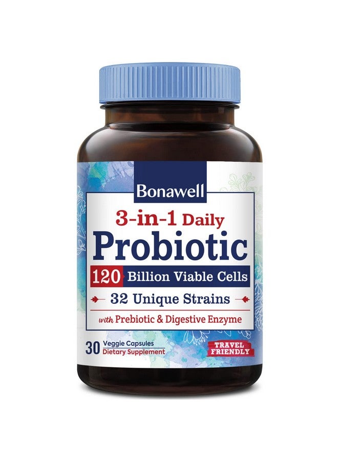 Bonawell Probiotics 120 Billion Cfu 32 Strains With Prebiotics Digestive Enzymes For Gut Health 3In1 Daily Probiotic Shelfstable Delayedrelease 30 Veggie Caps - Image 1