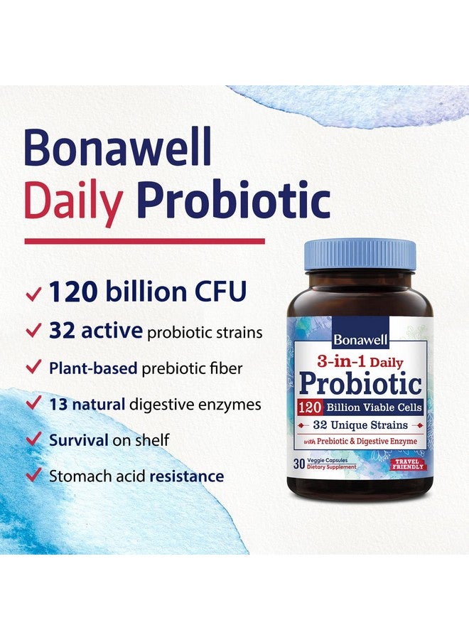 Bonawell Probiotics 120 Billion Cfu 32 Strains With Prebiotics Digestive Enzymes For Gut Health 3In1 Daily Probiotic Shelfstable Delayedrelease 30 Veggie Caps - Image 4