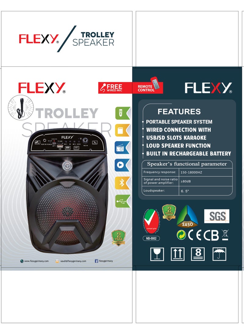 فليكسي - مكبر صوت FLEXY TROLLY - نظام مكبر صوت محمول عالي الطاقة مع كاريوكي USB/SD، اتصال سلكي، بطارية قابلة لإعادة الشحن، محرك 6.5 بوصة، استجابة تردد 150-18000 هرتز، وضمان لمدة عامين - Image 1