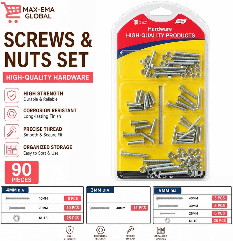 MAX-EMA GLOBAL MAX-EMA 90-Piece Screw Bolts & Hex Nuts Assortment Kit Carbon Steel Machine Nut Bolt Set M3, M4 & M5 Metric Fasteners for Furniture, Electronics, DIY Automotive & Industrial Repair - Image 2