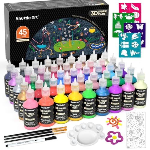 Shuttle Art Fabric Paint Set, 45 Colors 3D Permanent Paint with Brushes Palette Pen Fabric Sheet Stencils - Image 1