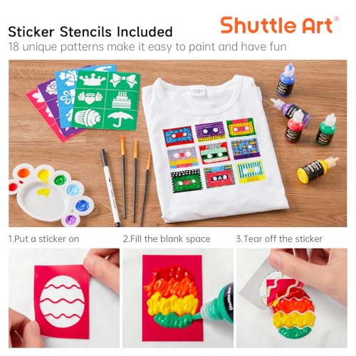 Shuttle Art Fabric Paint Set, 45 Colors 3D Permanent Paint with Brushes Palette Pen Fabric Sheet Stencils - Image 5