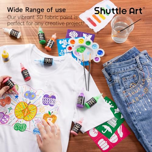 Shuttle Art Fabric Paint Set, 45 Colors 3D Permanent Paint with Brushes Palette Pen Fabric Sheet Stencils - Image 4