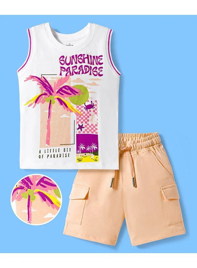 Ollington St. Ollington St. Cotton Knit Printed Sleeveless Tank T-Shirt & Shorts Set - White & Beige