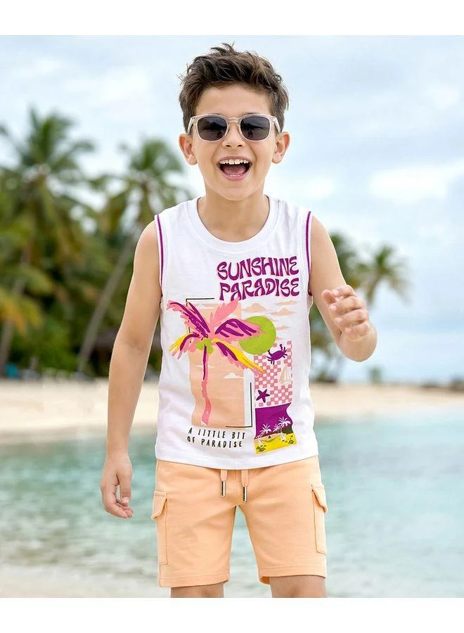 Ollington St. Ollington St. Cotton Knit Printed Sleeveless Tank T-Shirt & Shorts Set - White & Beige