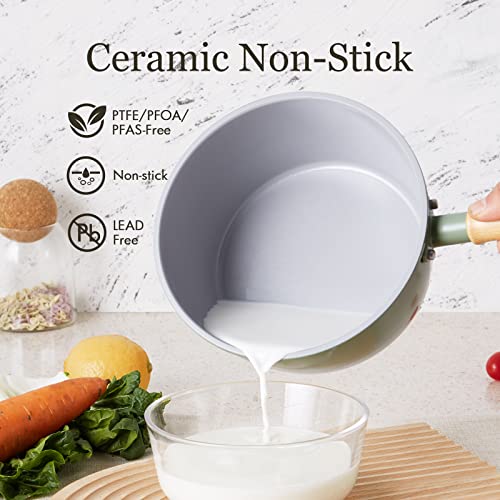 ROCKURWOK Ceramic Nonstick Sauce Pan with Lid, 1.5 Qt Small Pots for Cooking, Small Pot Wooden Handle for Cool Touch, Non Toxic & Pfas-Free Saucepan, Universal Base(Gas, Electric & Induction), Green - Image 2