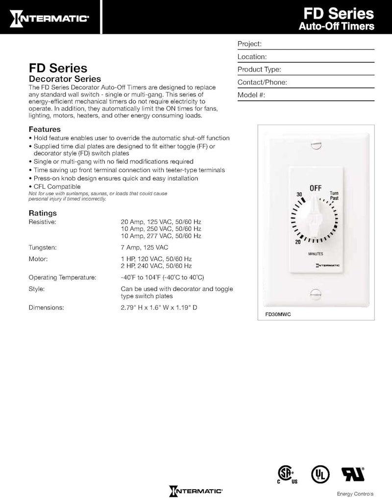Intermatic FD6HW 6-Hour Spring-Loaded Auto-off Wall Timer for Fans and Lights, White - Image 2
