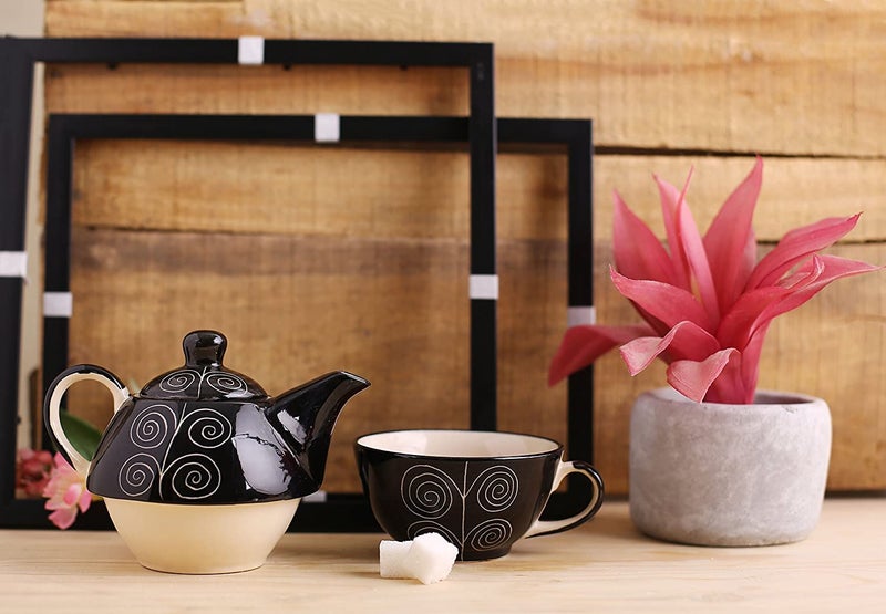 Caffeine Ceramic Handmade Stoneware Black Doodle Combo Dinner Set of 17 pcs. (4 Dinner Plate, 4 Quarter Plate, 2 Water Glass, 1 Cutlery, 4 Katori Bowl, 2 Tea Pot) - Image 4