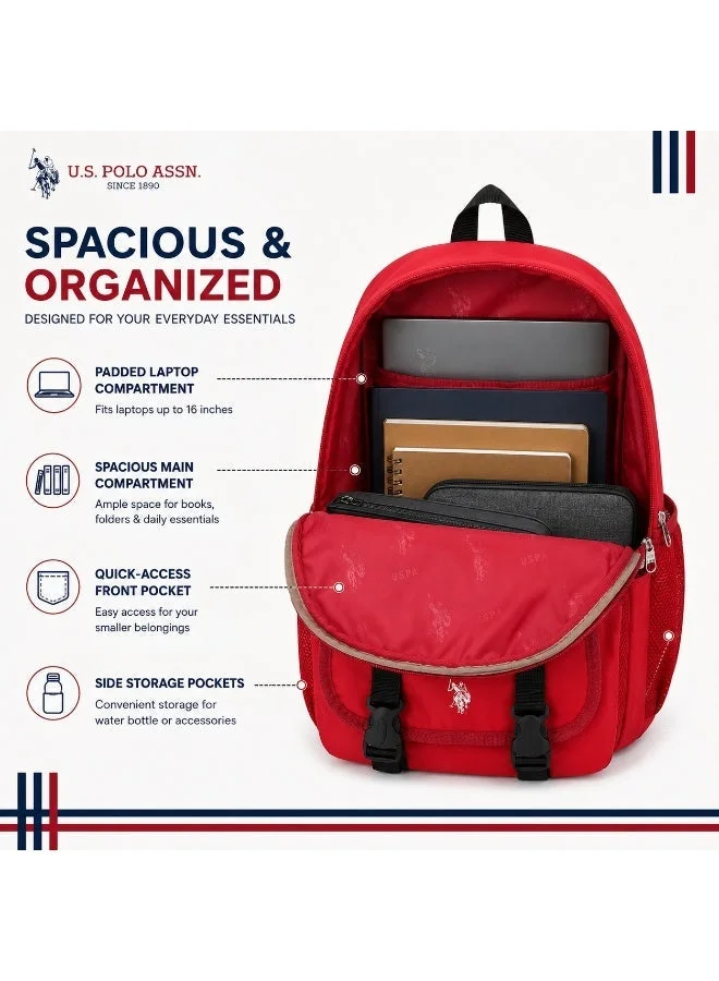 U.S. Polo Assn. U.S. Polo Assn. Classic Crimson Black Heritage Buckle Backpack for School and Office MultiCompartment Bag for Campus