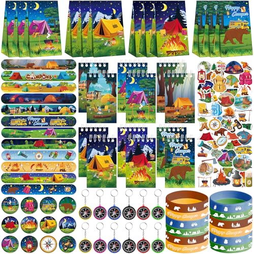 LSJDEER 122PCS Camping Party Favors Set 50 Stickers 12 Mini Compasses 12 Button Badges 12 Mini Notepads 12 Slap Bracelets 12 Rubber Bracelets 12 Goodie Bags for Camper Forest Picnic Adventure - Image 1