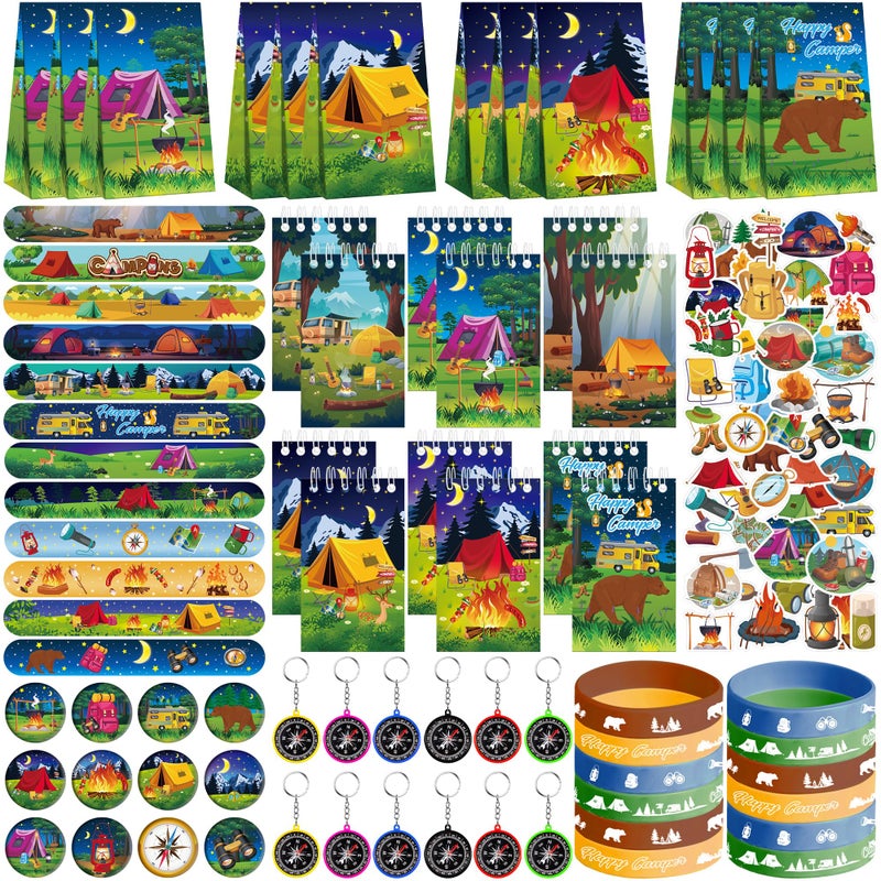 LSJDEER 122PCS Camping Party Favors Set 50 Stickers 12 Mini Compasses 12 Button Badges 12 Mini Notepads 12 Slap Bracelets 12 Rubber Bracelets 12 Goodie Bags for Camper Forest Picnic Adventure - Image 3