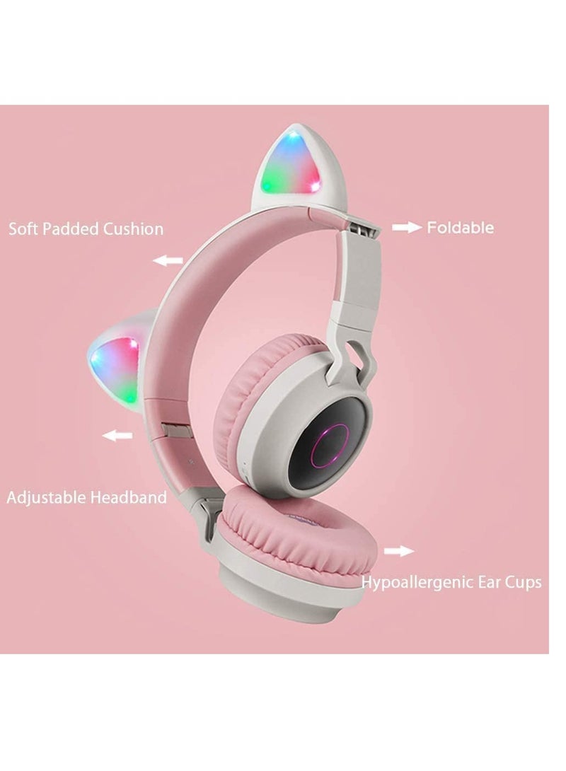 سماعات رأس للأطفال بلوتوث لاسلكية، سماعات رأس فوق الأذن بأذني قطة، تحديد مستوى الصوت، أضواء LED، راديو FM، بطاقة TF، AUX، ميكروفون لجهاز iPhone/iPad/Kindle/كمبيوتر محمول/PC/تلفاز (وردي ورمادي) 3 - Image 1