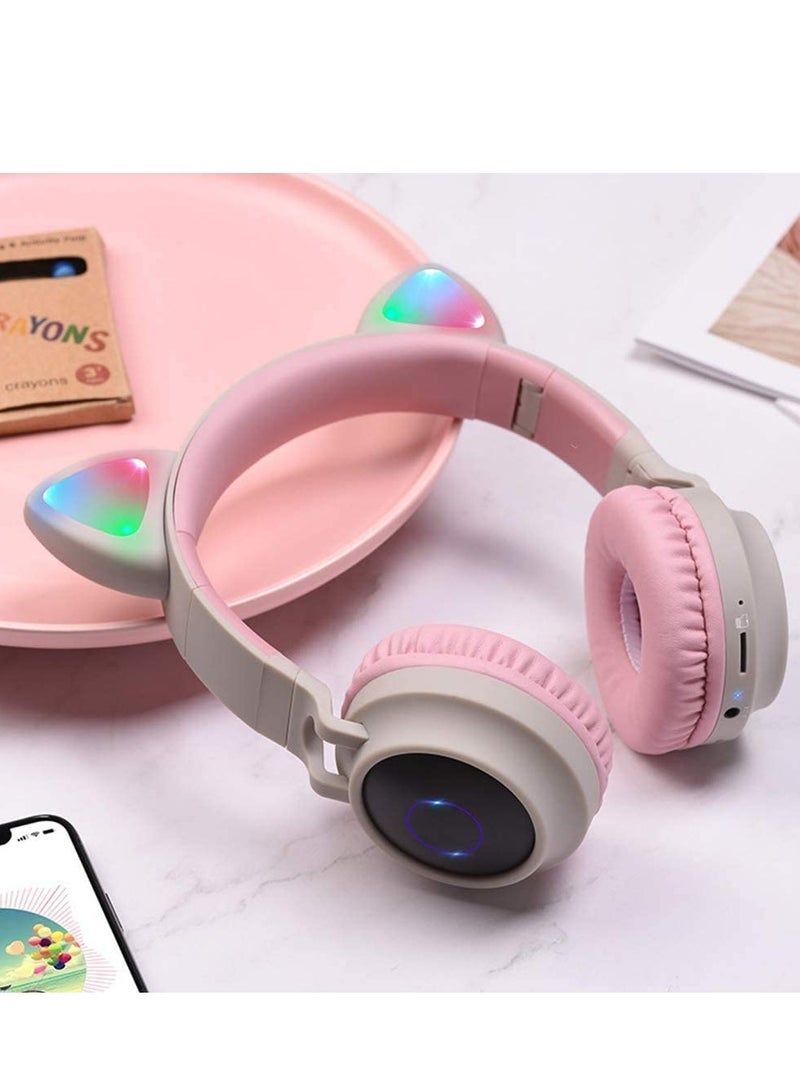 سماعات رأس للأطفال بلوتوث لاسلكية، سماعات رأس فوق الأذن بأذني قطة، تحديد مستوى الصوت، أضواء LED، راديو FM، بطاقة TF، AUX، ميكروفون لجهاز iPhone/iPad/Kindle/كمبيوتر محمول/PC/تلفاز (وردي ورمادي) 3 - Image 5