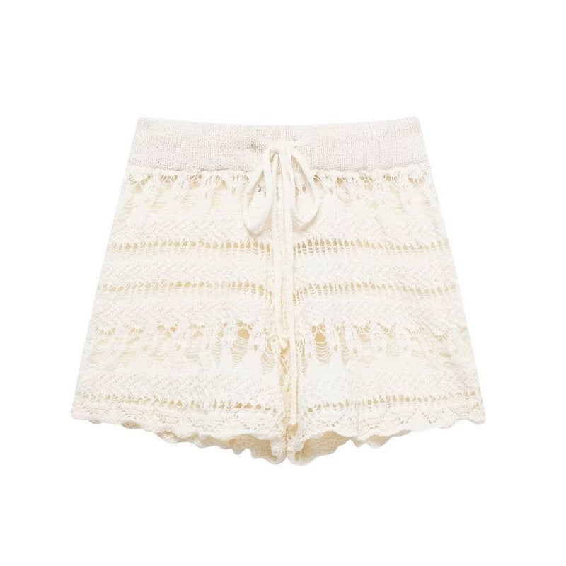 ZA cross-border womens clothing wholesale round neck crochet hollow long sleeve sweater shorts suit 1131801 1131802 Shorts - Image 1