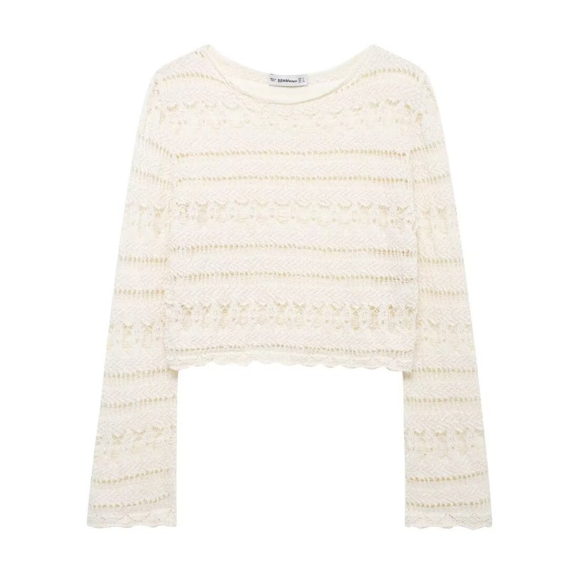 ZA cross-border womens clothing wholesale round neck crochet hollow long sleeve sweater shorts suit 1131801 1131802 Shorts - Image 2